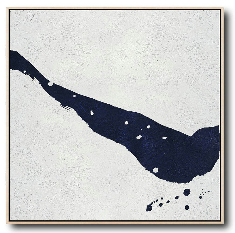 Abstract Painting Extra Large Canvas Art,Minimalist Navy Blue And White Painting,Large Wall Canvas Paintings